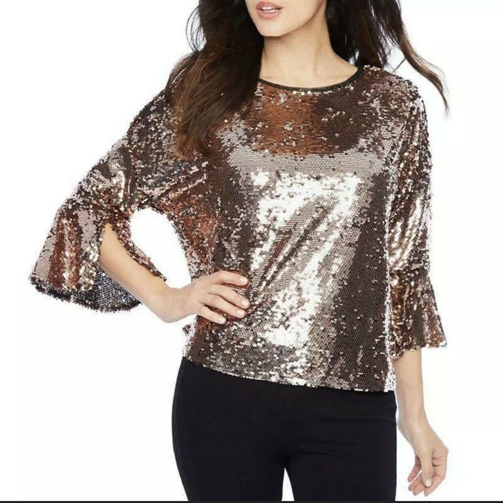 Bold Elements Blouse 3x Sequin Bell Sleeve Top - image 1